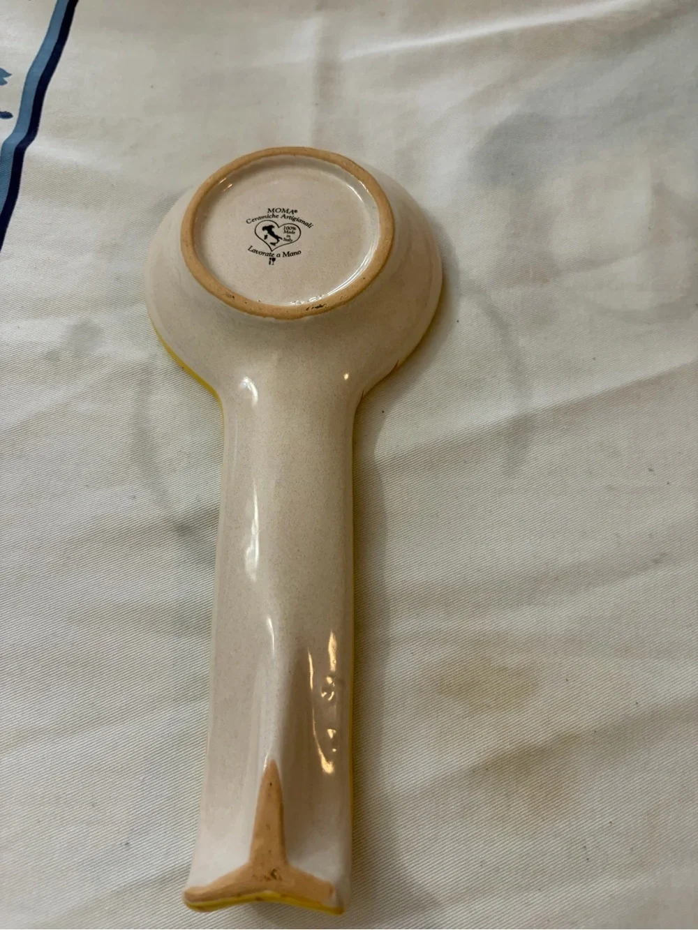 Moma Ceramic Spoon Rest with Yellow Rim and Blue Motif